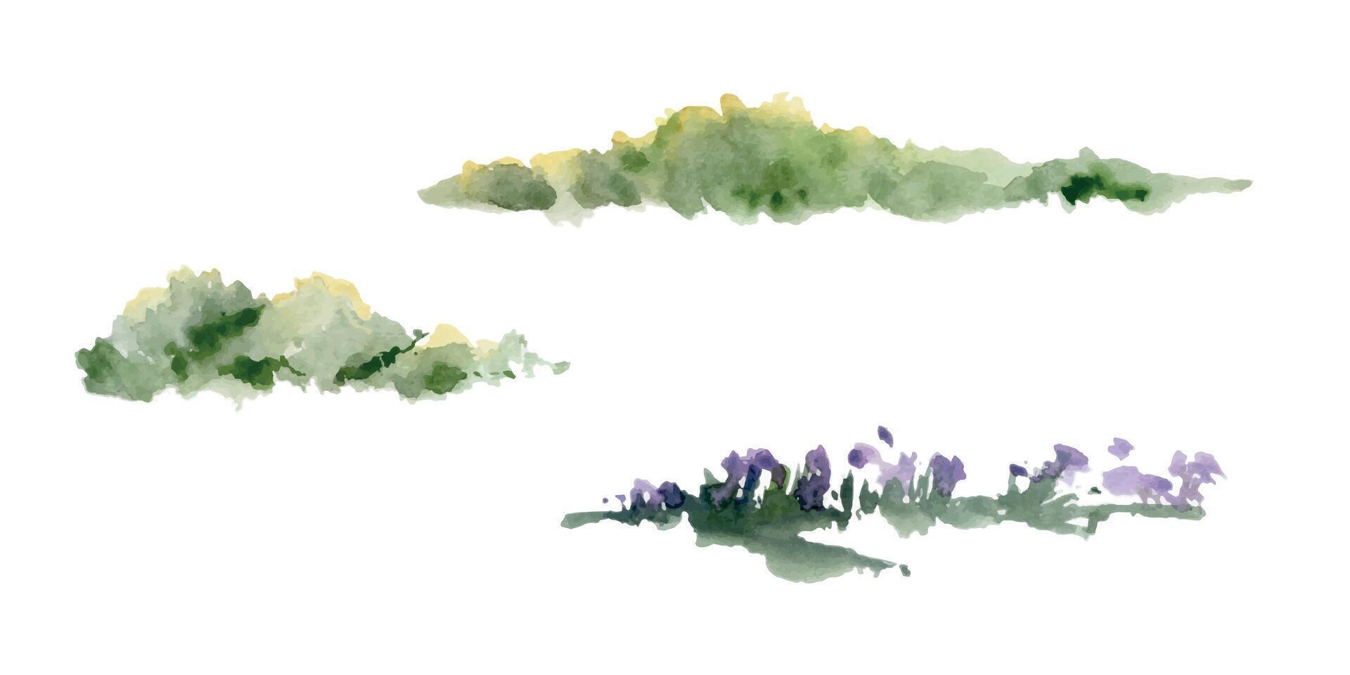 Scenery landscape lush foliage bushes with grass, purple flower plants, botanical illustration hand drawn in watercolor. Single isolated element for resort ads, tourism, hiking camping sites vacation. vector