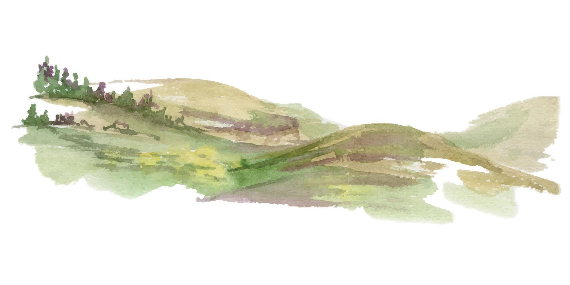 Scenery landscape rolling hills with flowers, meadow field moorland prairie ground. Single isolated element, watercolor hand drawn for tourism, resort ads, hiking camping sites vacation, nature maps. vector
