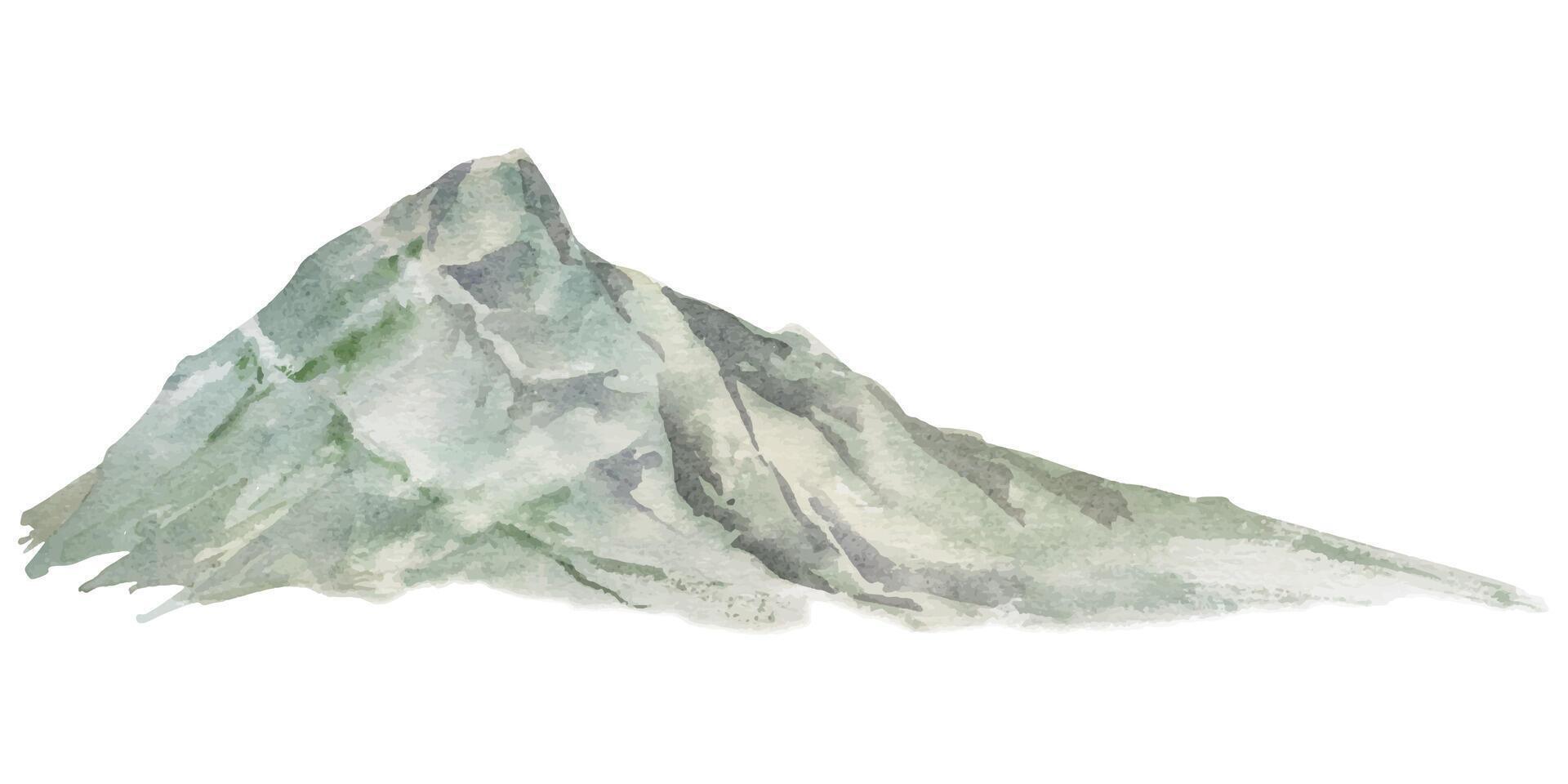 Scenery landscape mountain top range snowy peaks crags cliffs alpine vista, watercolor hand drawn illustration. Single isolated element for tourism, resort ads, maps, hiking camping sites vacation. vector