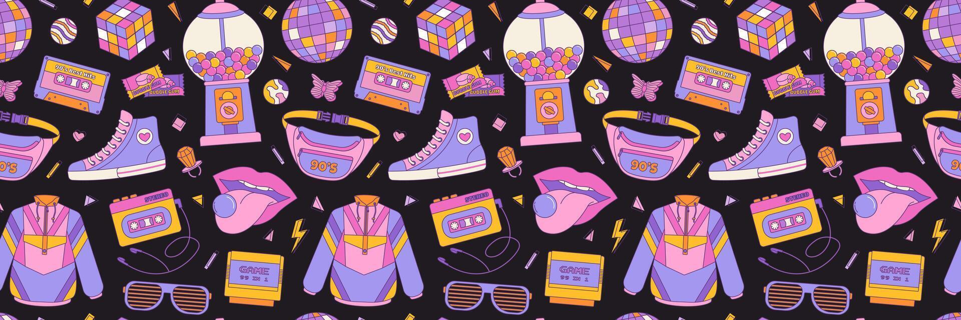 Seamless pattern colorful elements 80s 90s. Disco ball, sunglasses and bubble gum, cassette. background, print, wallpaper vector