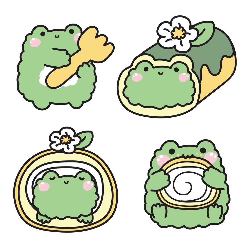 Set of cute frog various poses in roll cake concept.Bakery,cake,dessert,sweet,flower hand drawn.Reptile animal character cartoon design.Kawaii.Illustration. vector