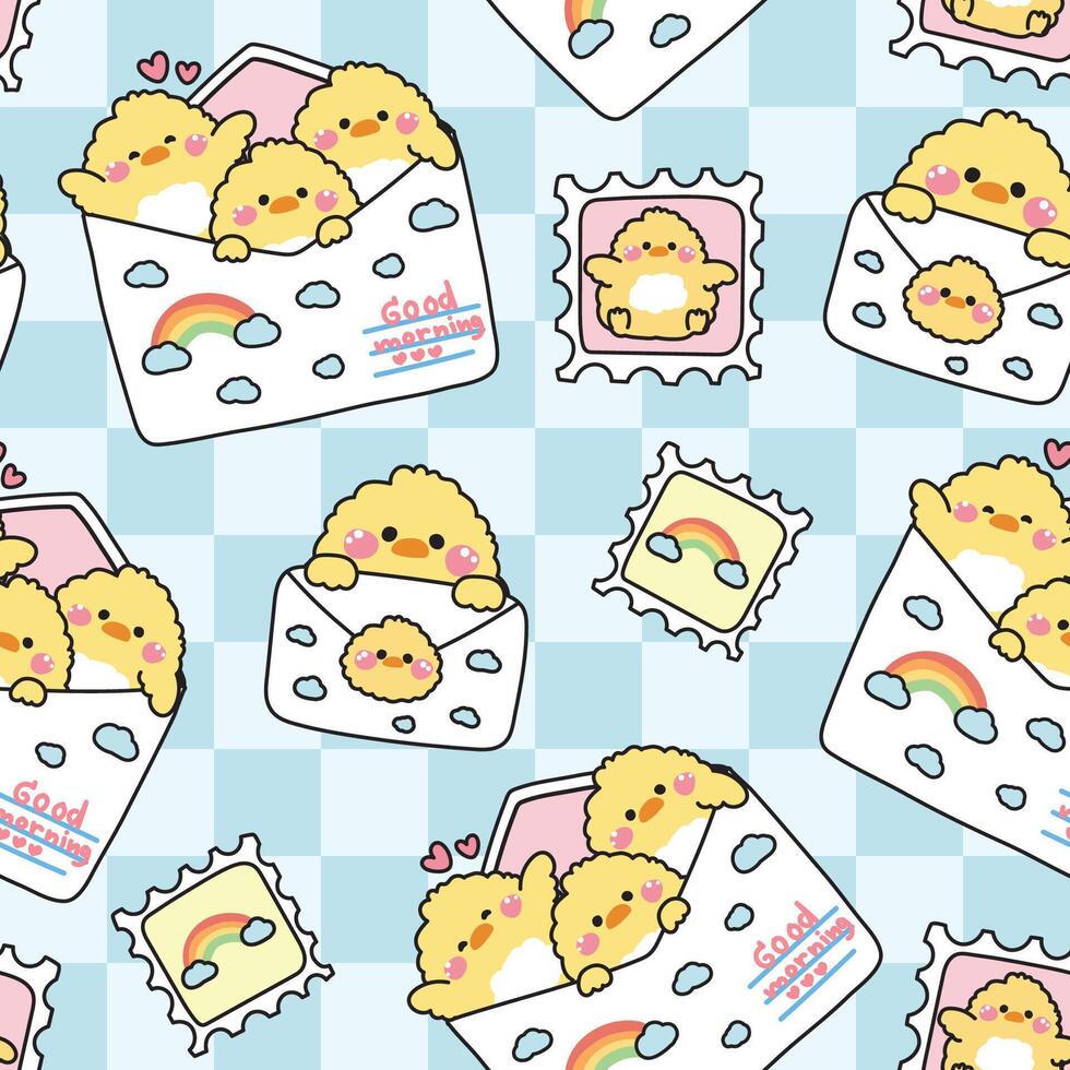 Seamless pattern of cute chicken in paper mail have clouds and rainbow cartoon background.Stamp.Message.Card.Good morning text.Farm animal character.Kawaii.Illustration. vector