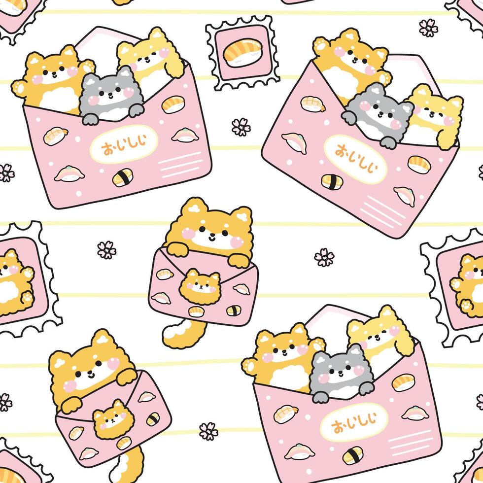 Seamless pattern of cute shiba inu dog in paper mail have sushi food and sakura flower cartoon background.Stamp.Message.Card.Japanese text mean yummy.Pet animal character.Kawaii. vector