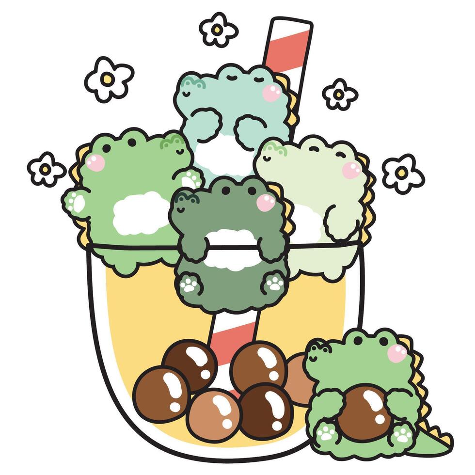 Cute crocodile various poses in big bubble milk tea cup with flower on white background.Sweet.Reptile animal character cartoon design.Kawaii.Illustration. vector