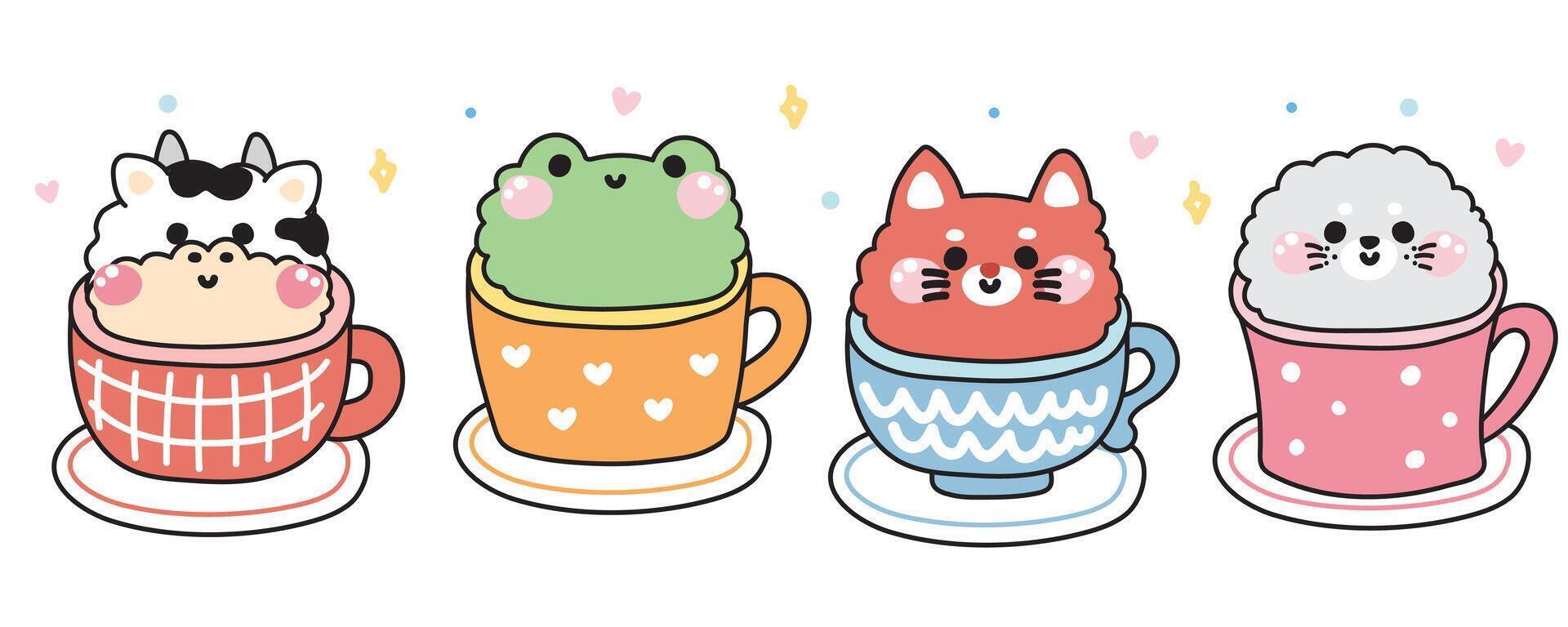 Set of cute animals stay in a cup of tea and coffee on white background.Cow,frog,fox,seal hand drawn.Cartoon character.Breakfast drink.Kawaii.Illustration. vector