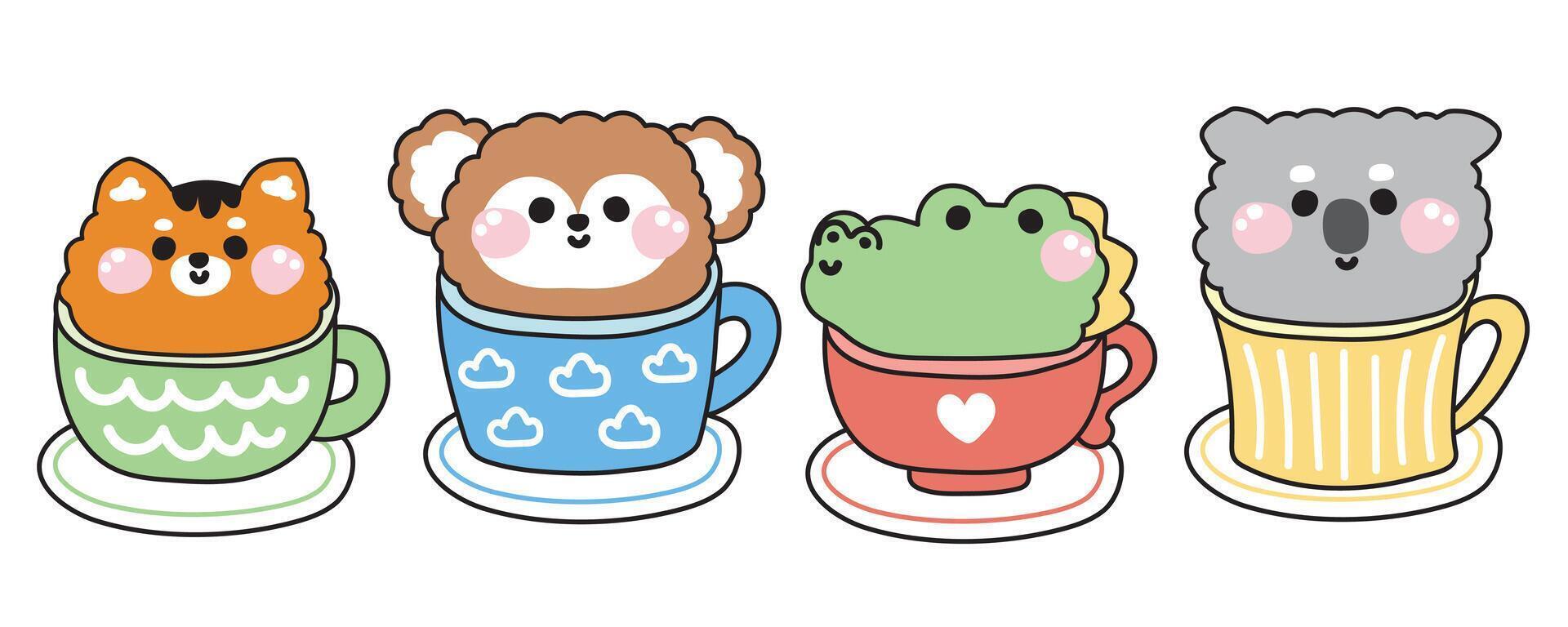 Set of cute animals stay in a cup of tea and coffee on white background.Tiger,monkey,crocodile,koala bear hand drawn.Cartoon character.Breakfast drink.Kawaii.Illustration. vector