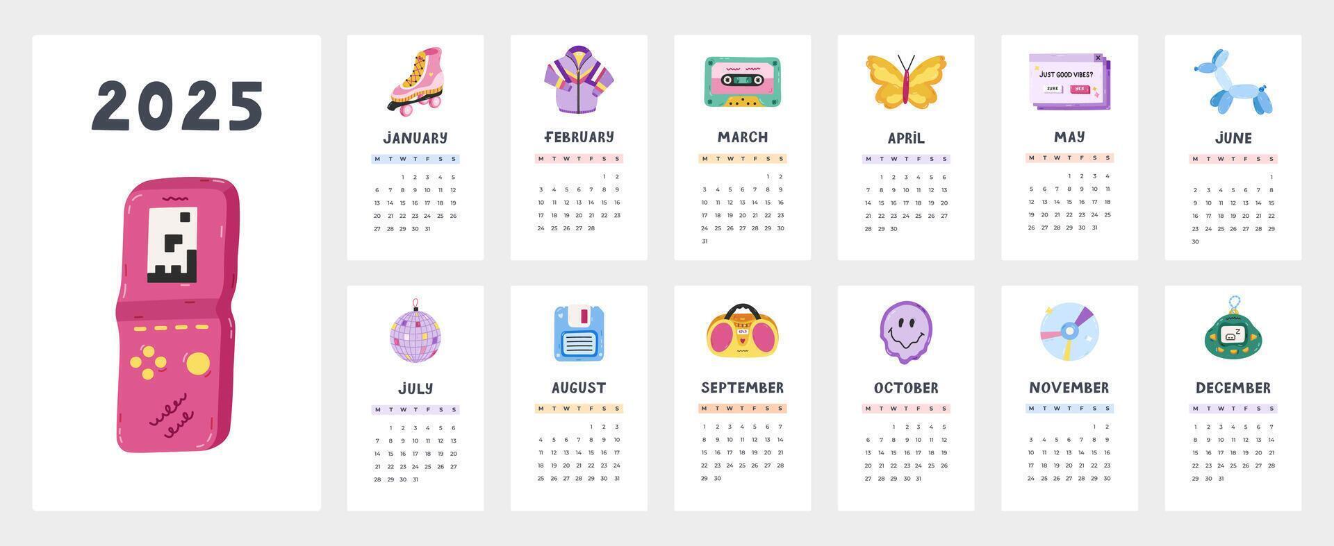 Cute calendar template for 2025 year with cartoon clipart of badges of Y2k aesthetics, 00s, 90s. Calendar grid with weeks starts on Monday. Horizontal monthly calender layout for planning vector