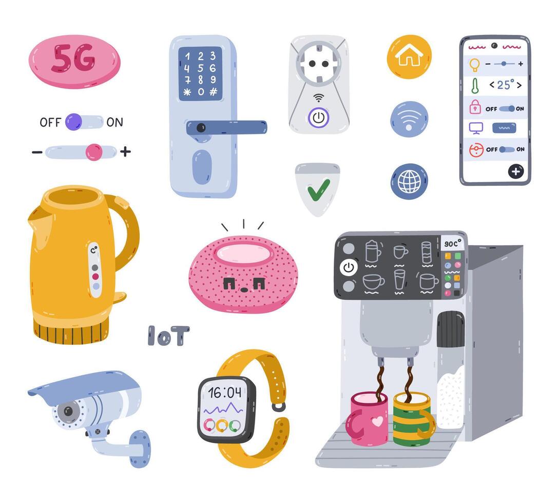 Cute cartoon set of smart devices for entertainment, cook, secure home. Hand drawn intelligence machine with remote control via telephone, voice assistant. Internet of things isolated on background. vector