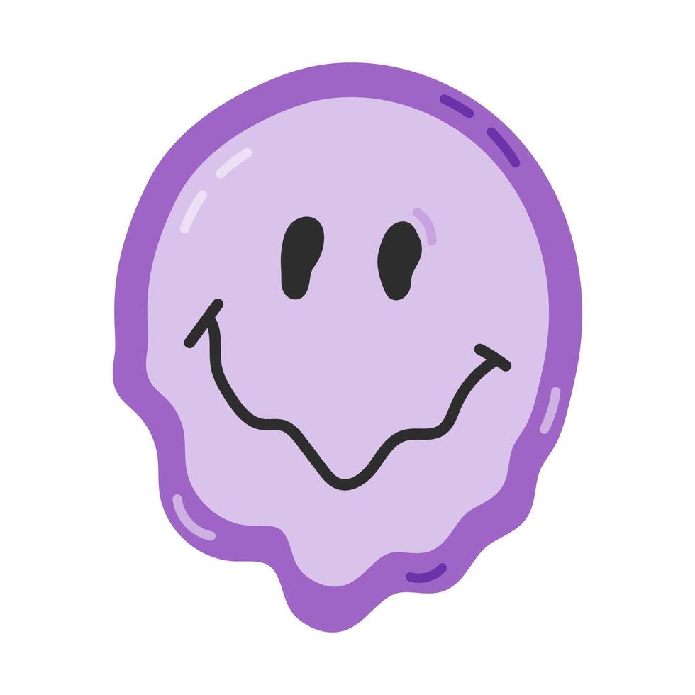 Cute cartoon melting emoji in hippie and Y2k aesthetic. Retro psychedelic dripping smile face as symbol of 70s and 90s. Trippy smiling emoji isolated on white background. Hand drawn nostalgic clipart. vector