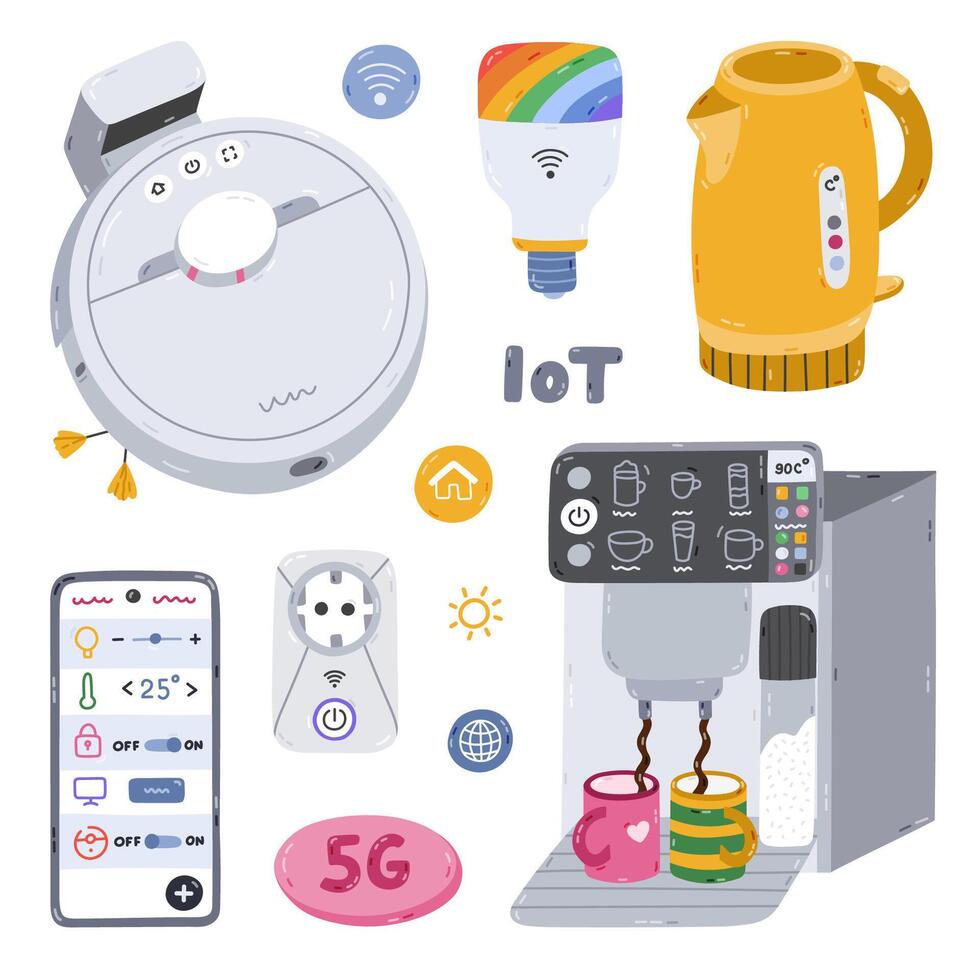 Cute cartoon set with smart devices for remote housework, coffee making, control light via smartphone. Hand drawn intelligence machine connected to network. Internet of things isolated collection. vector