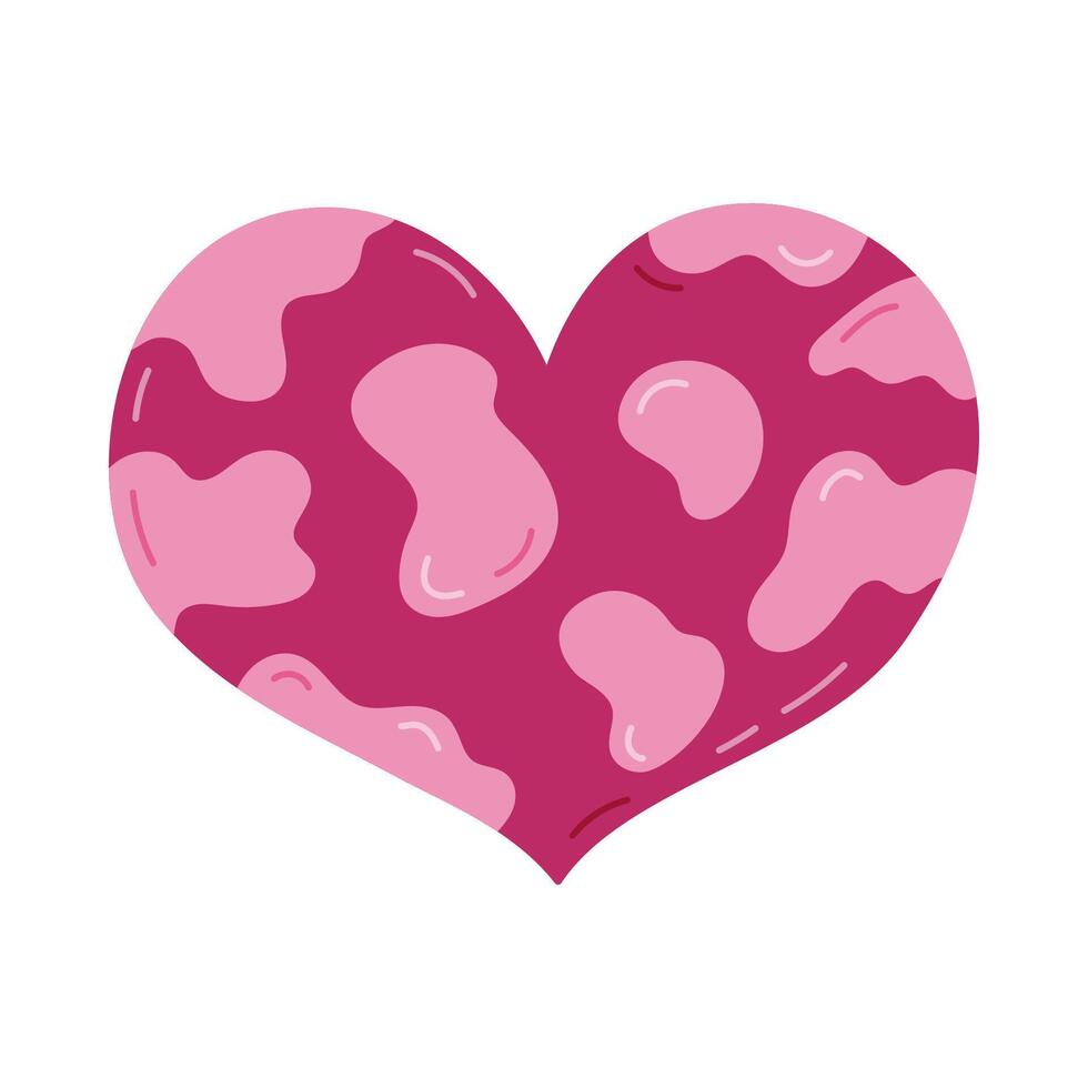 Cute pink cartoon heart with cow pattern in Y2k aesthetic. Retro love symbol with abstract blob from 90s and 00s. Hand drawn simple heart with animal print isolated on white. Nostalgia for 1990s vibe. vector