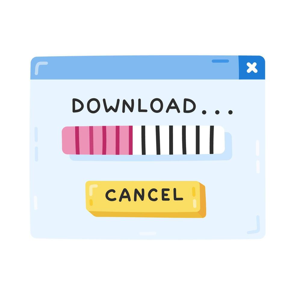 Cute cartoon PC window with download process in Y2k aesthetic. Retro computer interface with button from 90s and 00s. Hand drawn popup element isolated on white. Nostalgia for vintage 1990s vibes. vector