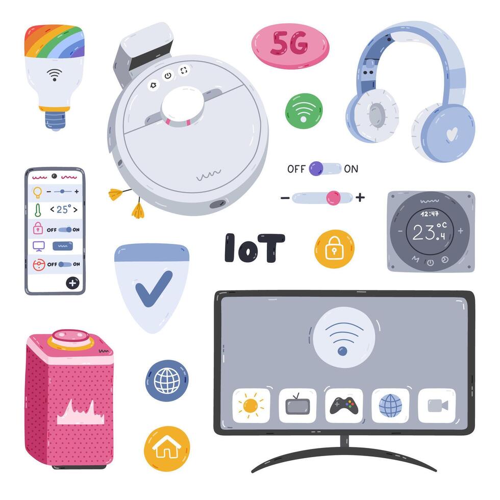 Cute cartoon set of smart devices for entertainment, cleaning house, regulate temperature and light, secure home. Hand drawn intelligence machine with remote control via telephone. Internet of things vector