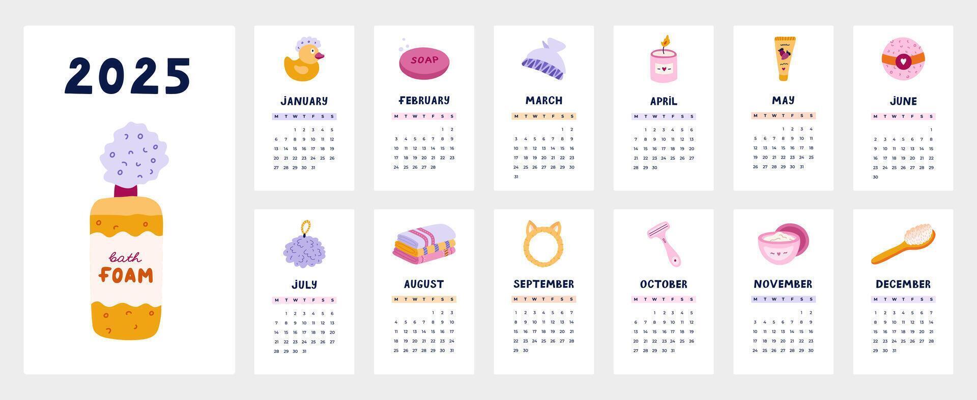 Cute calendar template for 2025 year with cartoon hygiene, shower, bathroom clipart. Calendar grid with weeks starts on Monday for kids nursery. Horizontal monthly calender layout for planning vector