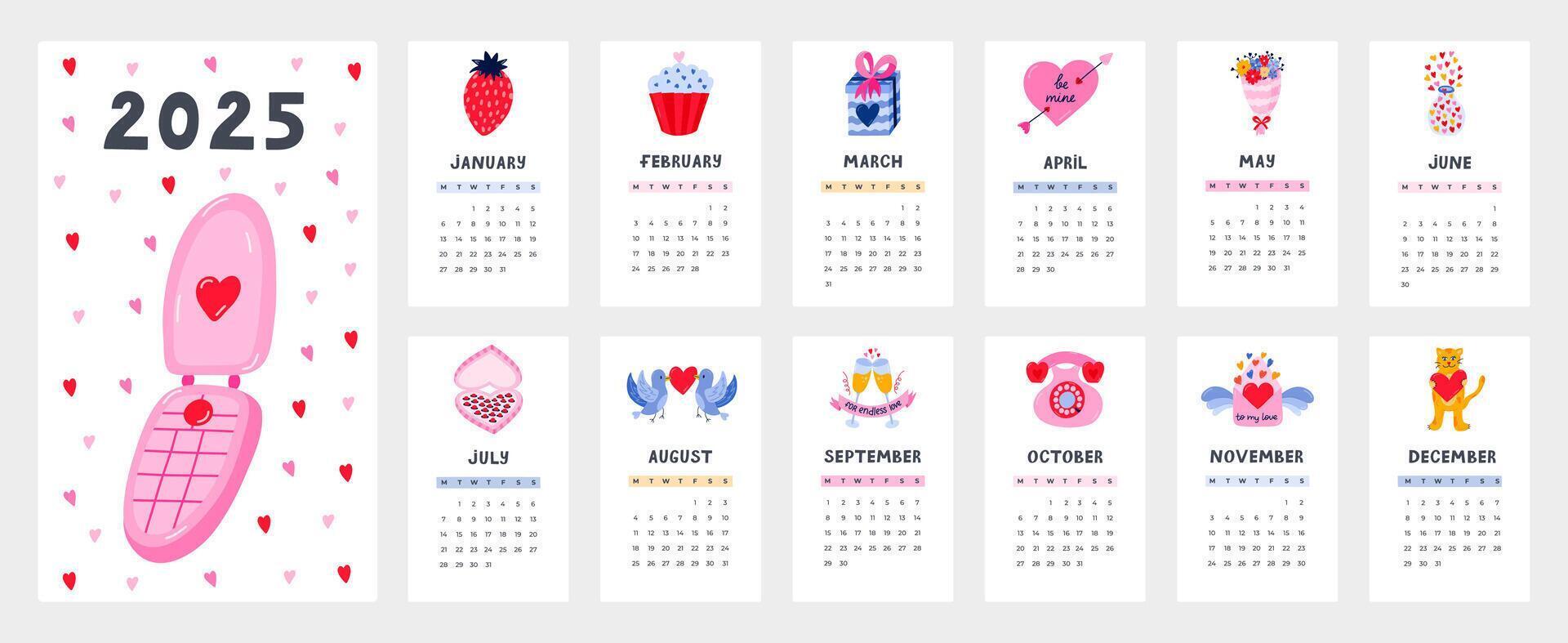 Cute calendar template for 2025 year with romantic love clipart. Calendar grid with weeks starts on Monday for kids nursery, corporate design. Horizontal monthly calender layout for planning. vector