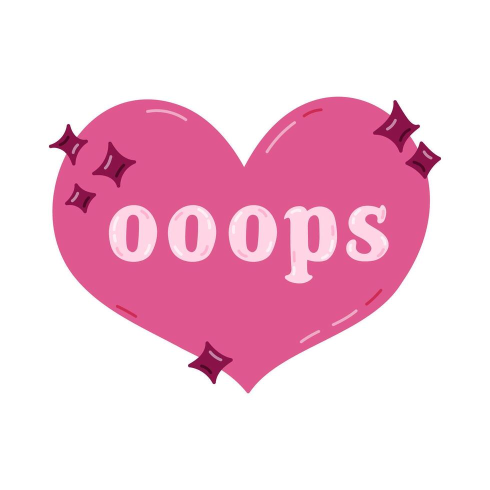 Cute cartoon heart with stars and lettering Oops in Y2k aesthetic. Retro love symbol from 90s and 00s. Hand drawn simple heart with typography isolated on white background. Nostalgia for 1990s vibes. vector