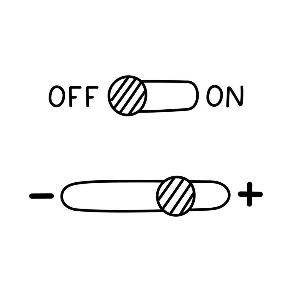 Cute doodle toggles switch buttons for turn on and off, plus and minus. Mode switch buttons to activate device and make it bigger or smaller. Switch button interface isolated on white background vector