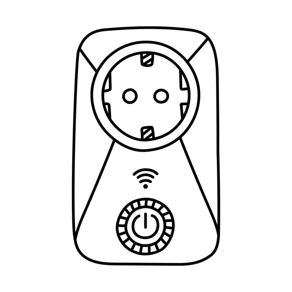 Cute outline smart socket with wi-fi for wireless control home technique via smartphone. Hand drawn intelligence electricity strip line isolated on background. Electronic Internet of things device. vector