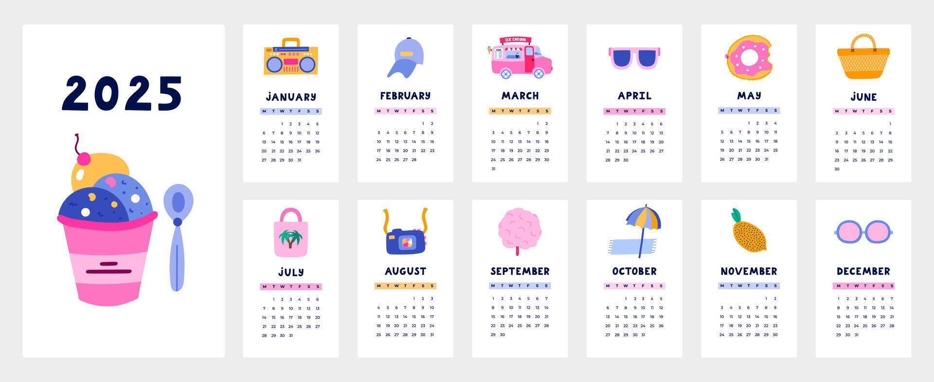 Cute calendar template for 2025 year with tropical summer illustrations. Calendar grid with weeks starts on Monday for kids nursery, corporate design. Horizontal monthly calender layout for planning. vector