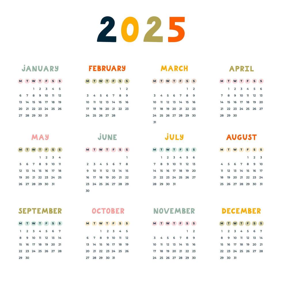 Cute minimal calendar template for 2025 year with weeks starts on Monday. Calendar grid with funky font for kids nursery, corporate office, stationery. Square monthly calender layout for planning vector