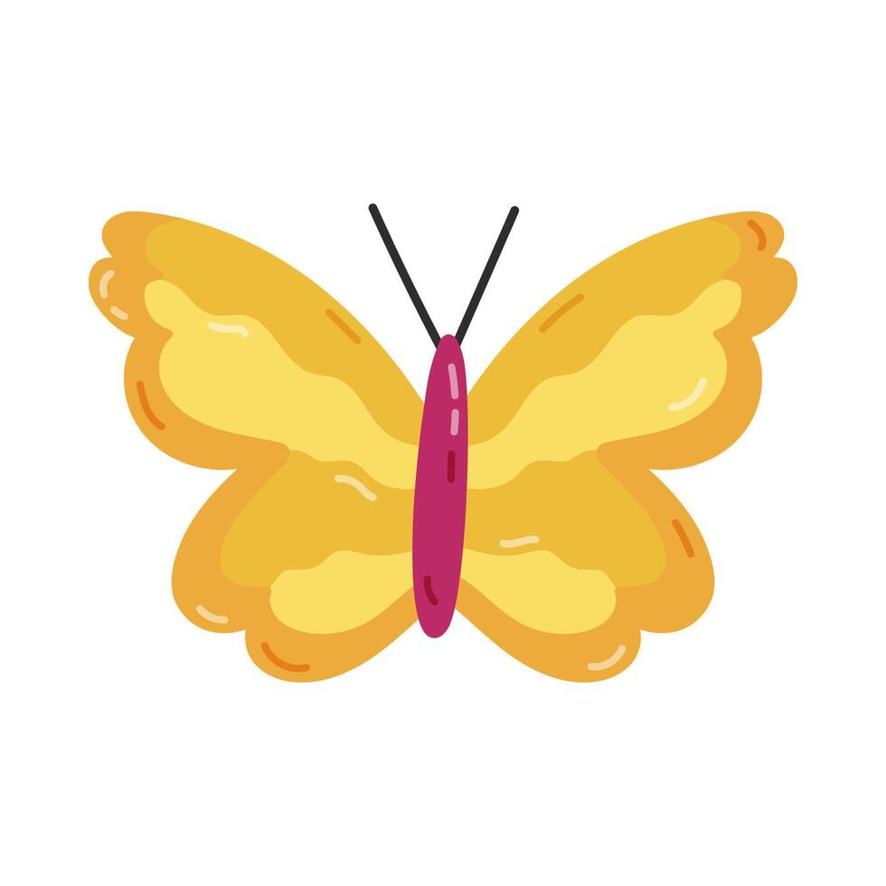 Cute cartoon butterfly with yellow wings. Flying tropical and garden insect. Trendy symbol of Y2k, 90s and 00s. Hand drawn simple butterfly isolated on white background. Nostalgia for 1990s aesthetic. vector