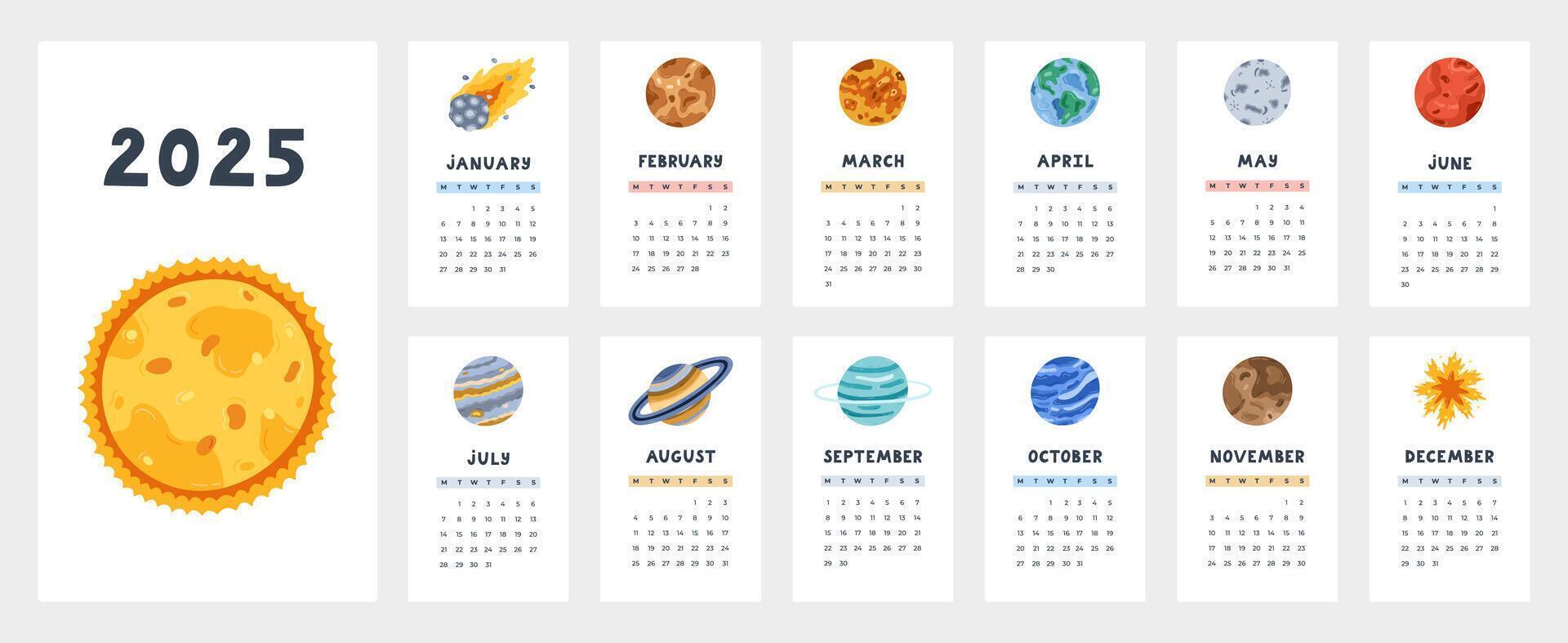 Cute calendar template for 2025 year with cartoon clipart of of
