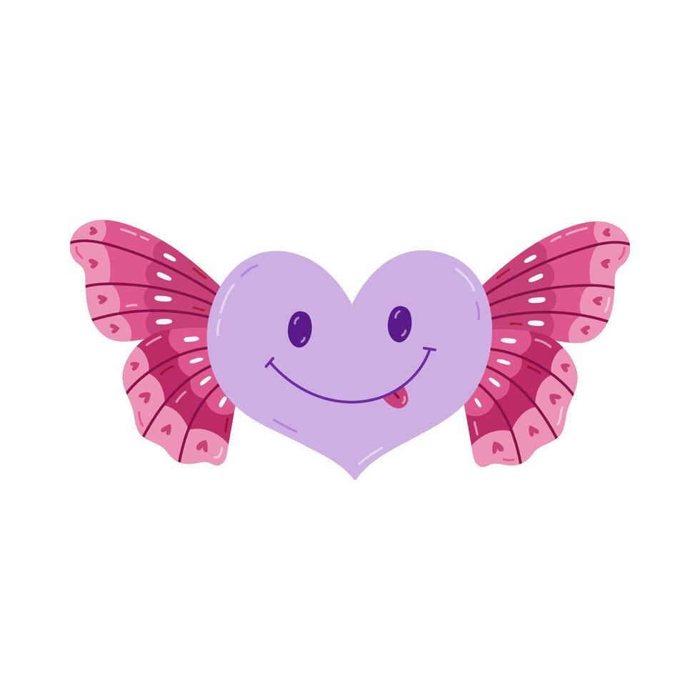 Cute cartoon heart with butterfly wings and smile emoji in Y2k aesthetic. Retro love symbol from 90s and 00s. Hand drawn simple heart with insect isolated on white. Nostalgia for 1990s vibes. vector