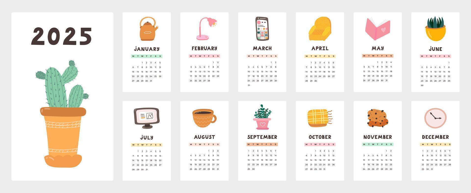 Cute calendar template for 2025 year with cozy scandinavian illustration. Calendar grid with weeks starts on Monday for kids nursery, corporate office. Horizontal monthly calender layout for planning. vector