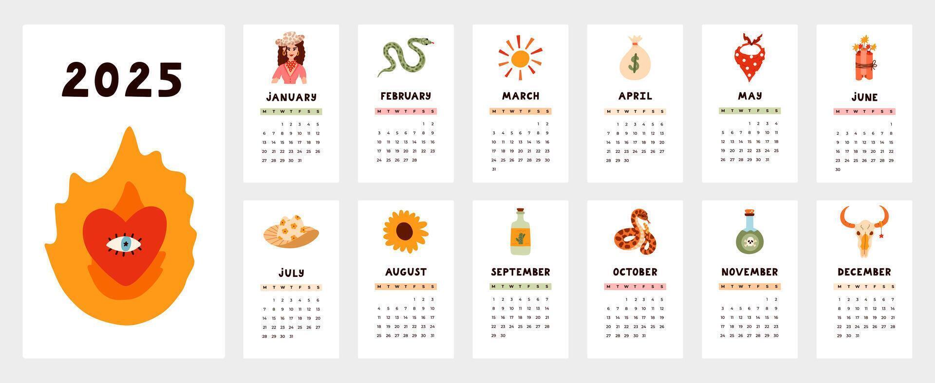 Cute calendar template for 2025 year with western and cowboy illustrations. Calendar grid with weeks starts on Monday for kids nursery, office. Horizontal monthly calender layout for planning. vector