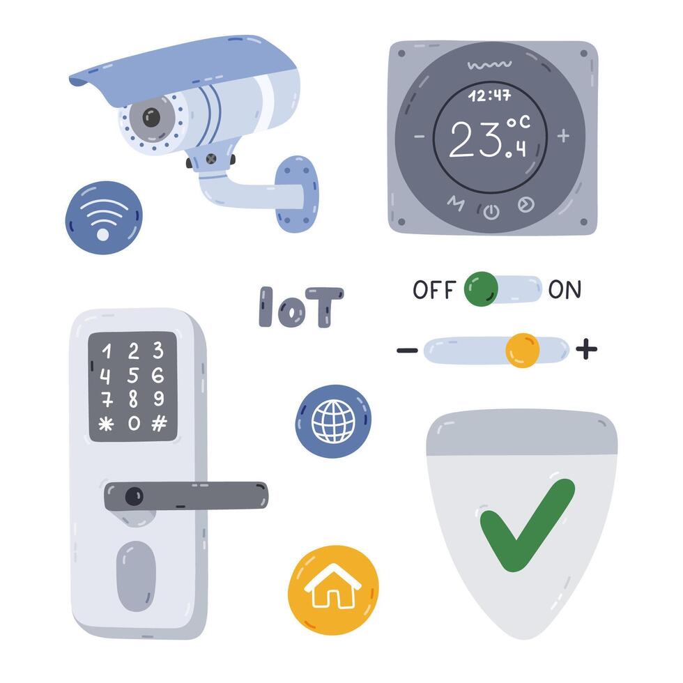 Cute cartoon set with security smart devices for home safety, surveillance, controlling via telephone. Hand drawn security camera, intelligence door lock, remote thermostat to protect property, house. vector