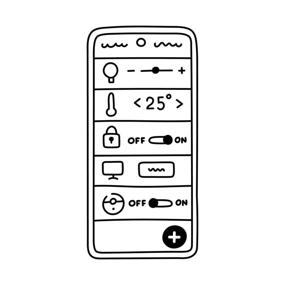 Cute doodle smartphone with mobile app for home automation, security. Hand drawn clipart of remote control for lock, temperature, house cleaning, light, TV. Internet of things isolated on white. vector