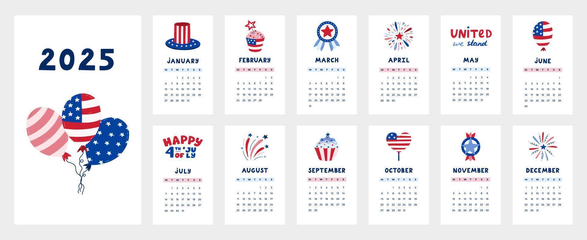 Cute calendar template for 2025 year with cartoon American symbols as hat, balloon, firework. Calendar grid with weeks starts on Monday for nursery. Horizontal monthly calender layout for planning vector