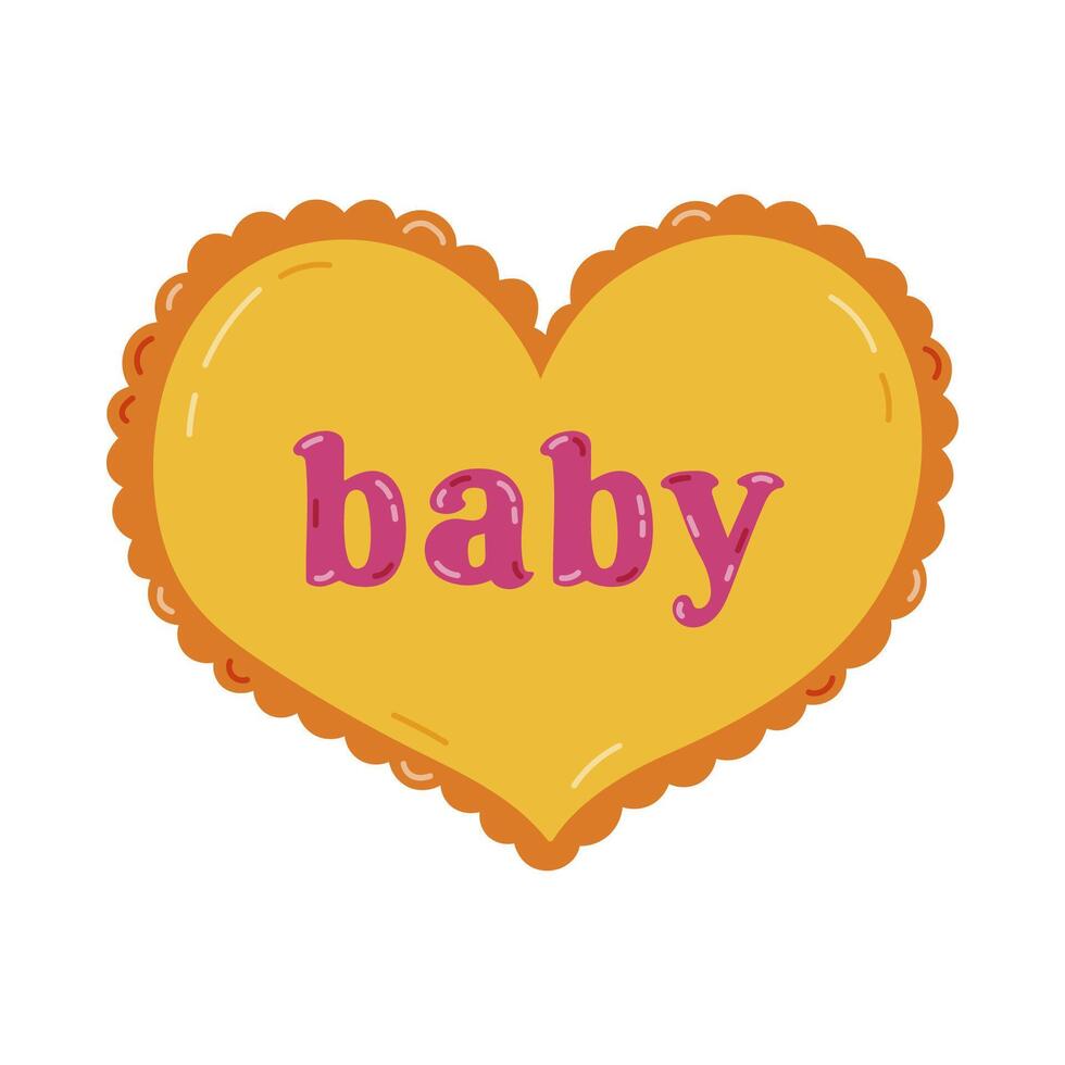 Cute yellow cartoon heart with lettering Baby in Y2k aesthetic. Retro love symbol from 90s and 00s. Hand drawn simple heart with typography isolated on white background. Nostalgia for 1990s vibes. vector