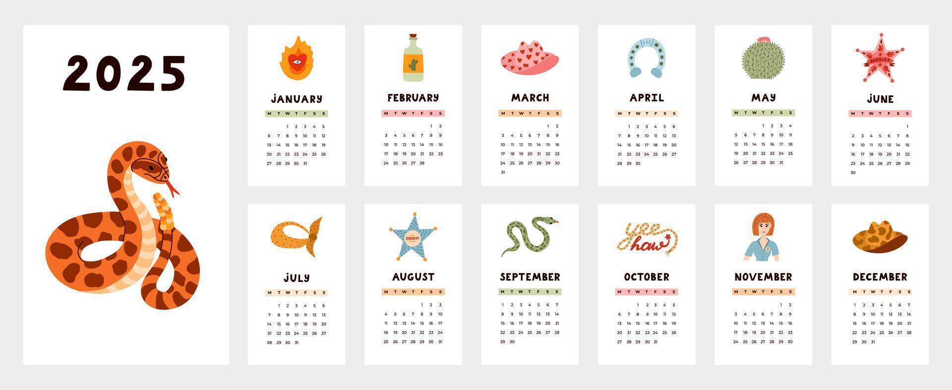 Cute calendar template for 2025 year with trendy western and cowboy clipart. Calendar grid with weeks starts on Monday for kids nursery, office. Horizontal monthly calender layout for planning. vector