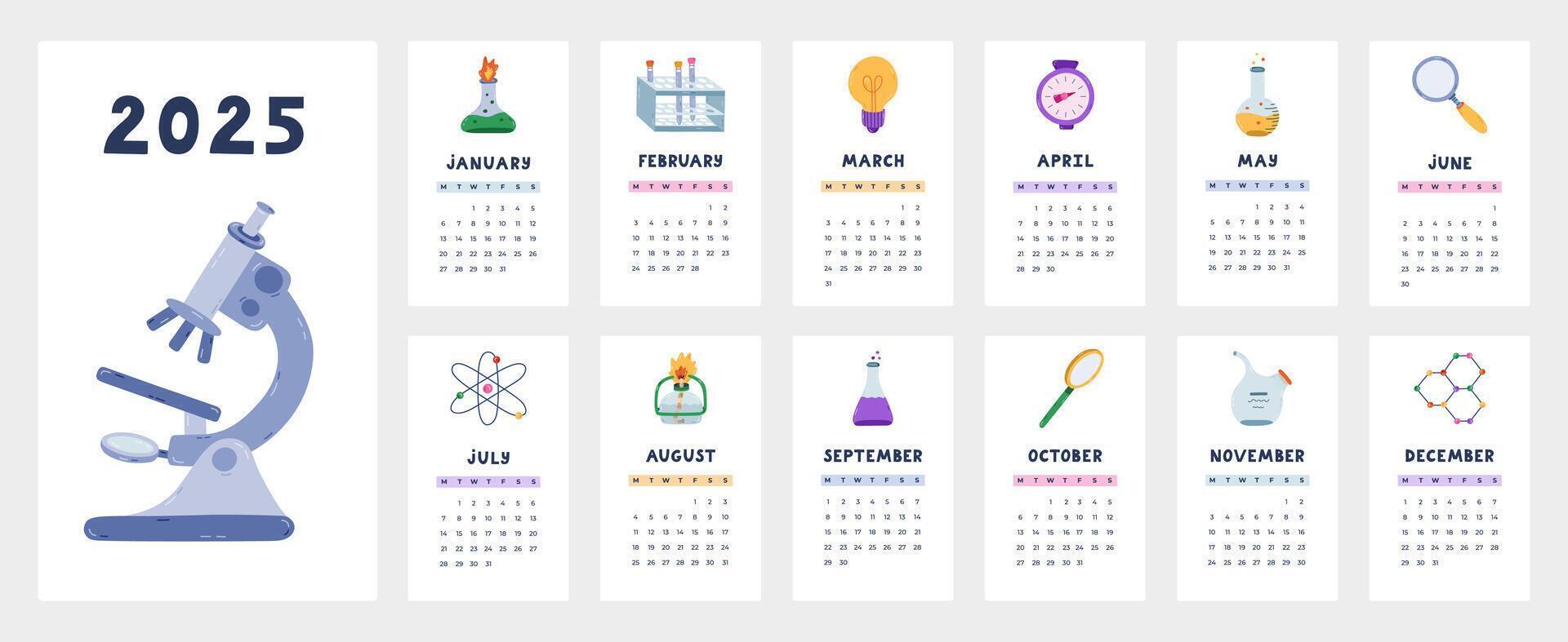 Cute calendar template for 2025 year with chemistry and laboratory cartoon clipart. Calendar grid with weeks starts on Monday for kids nursery. Horizontal monthly calender layout for planning vector