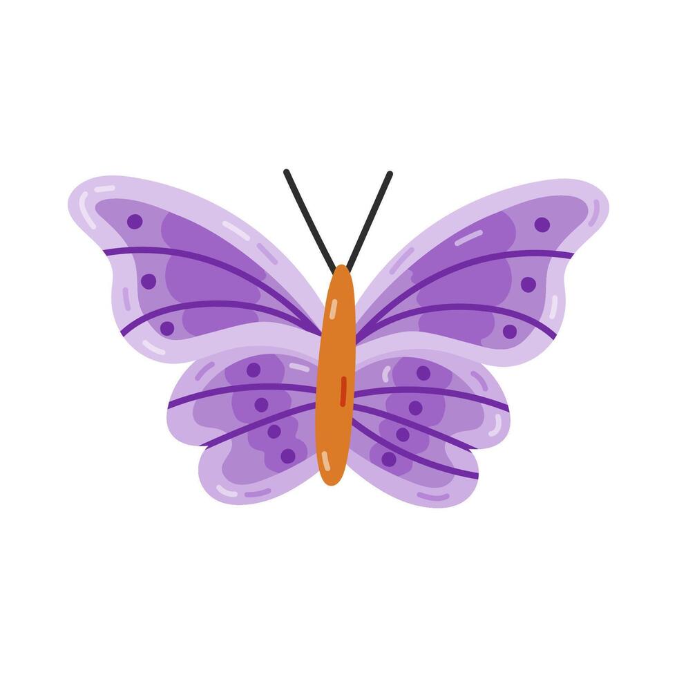 Cute cartoon butterfly with purple wings. Flying tropical and garden insect. Trendy symbol of Y2k, 90s and 00s. Hand drawn simple butterfly isolated on white background. Nostalgia for 1990s aesthetic. vector
