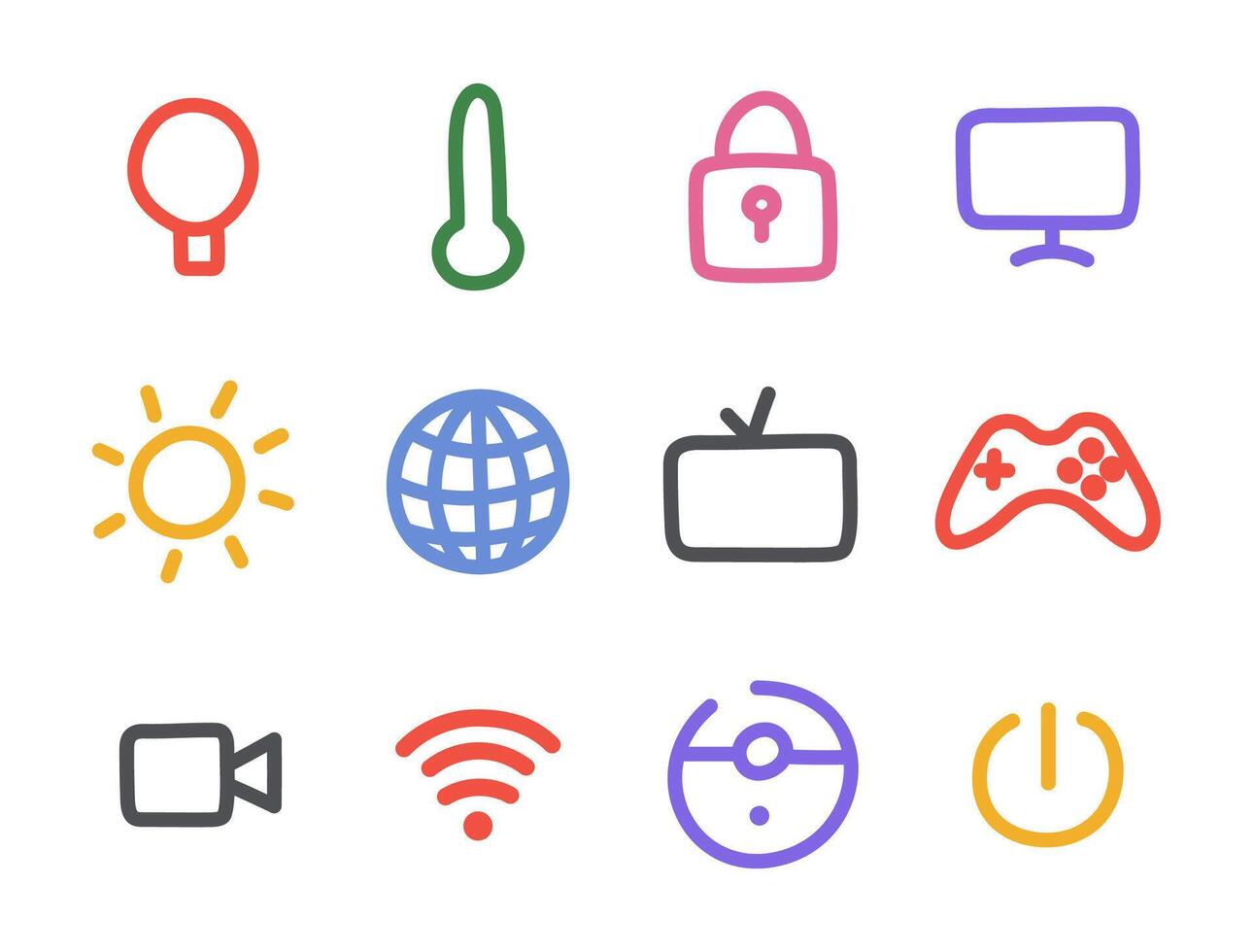 Cute hand drawn outline smart home icon set. Symbols of entertainment, regulate temperature, light, secure, clean home. Collection of network and Internet of things icons isolated on white background. vector