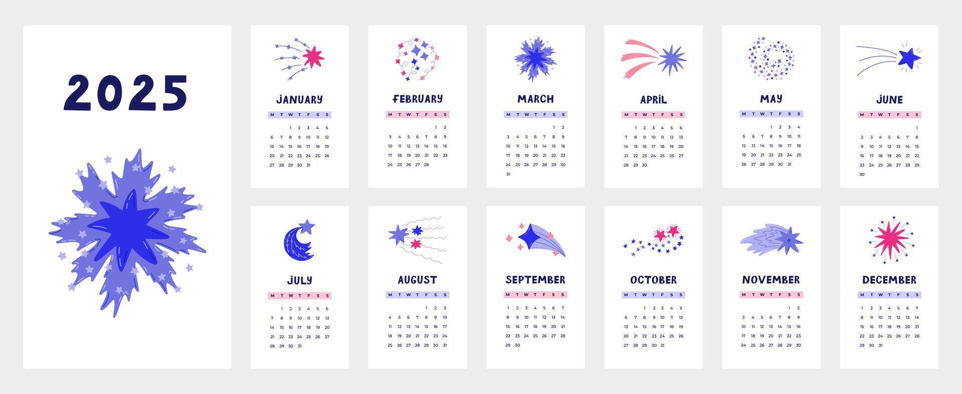Cute calendar template for 2025 year with cartoon clipart of star dust, falling star. Calendar grid with weeks starts on Monday for kids nursery. Horizontal monthly calender layout for planning vector
