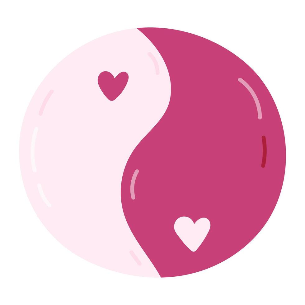 Cute cartoon pink Yin Yang sign with hearts from hippie 70s. Retro symbol of balance, harmony, yoga, relax. Trendy symbol of hippy and Y2k aesthetic. Hand drawn nostalgic clipart isolated on white. vector