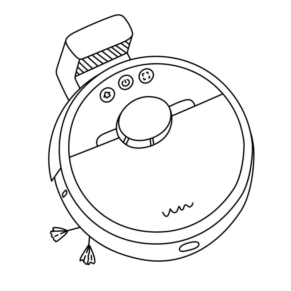 Cute doodle robot vacuum cleaner with docking station, brush and buttons. Remote wireless industrial sweeper for maintenance pure home via smartphone. Technique for automation housework isolated. vector