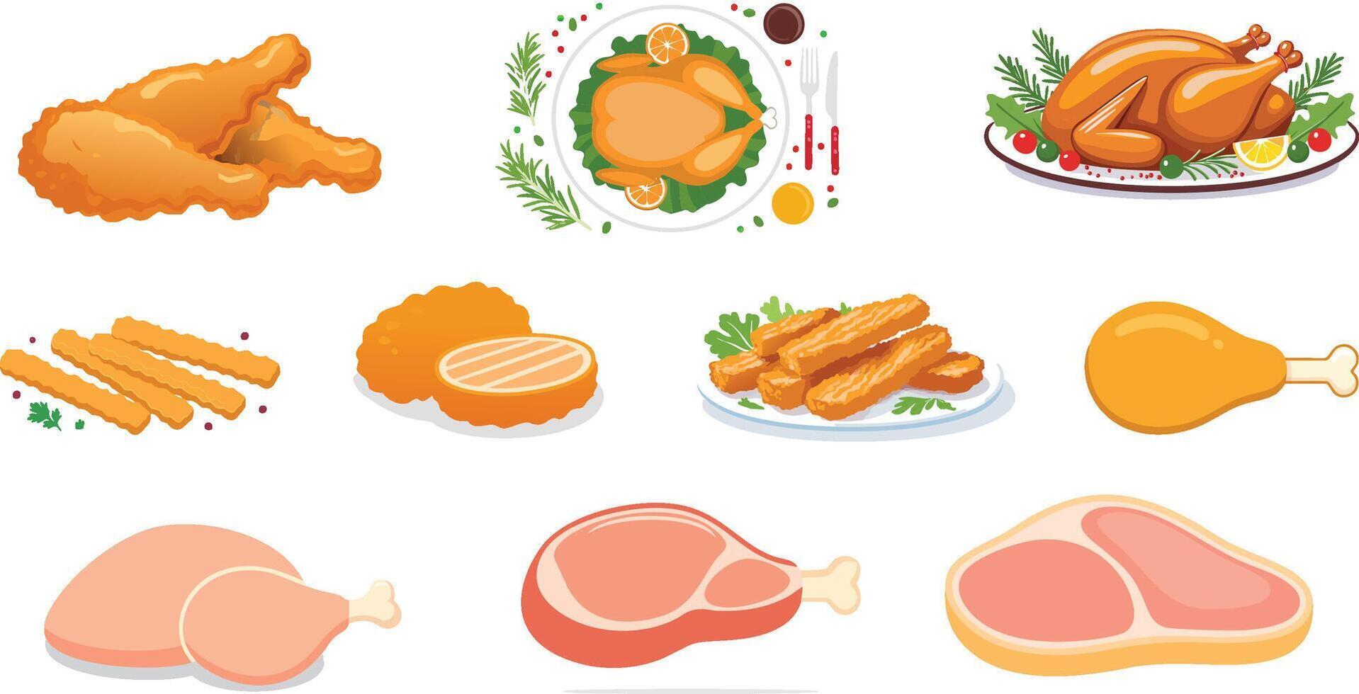 set of cooked chicken illustration vector
