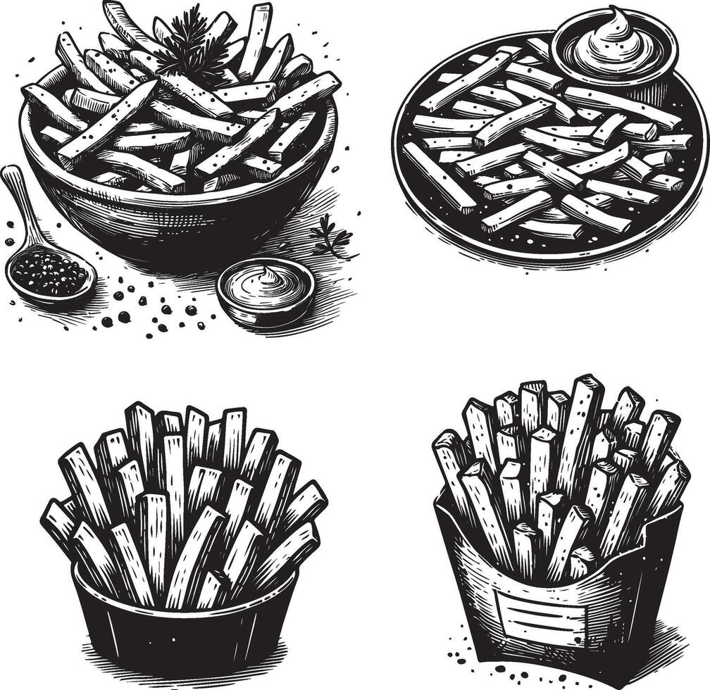 black and white french fries sketch vector