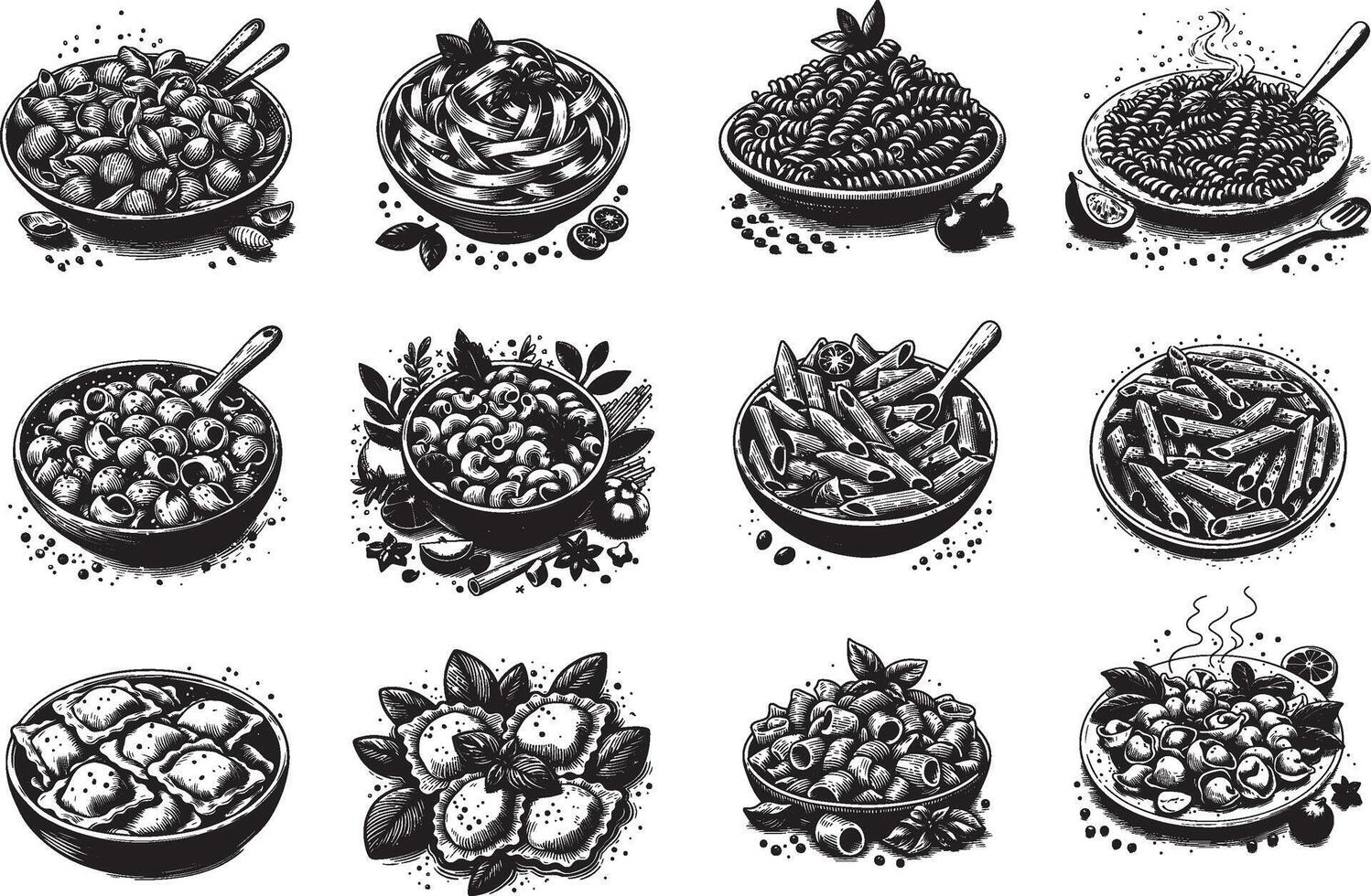 vintage hand drawn various pasta dish illustration vector