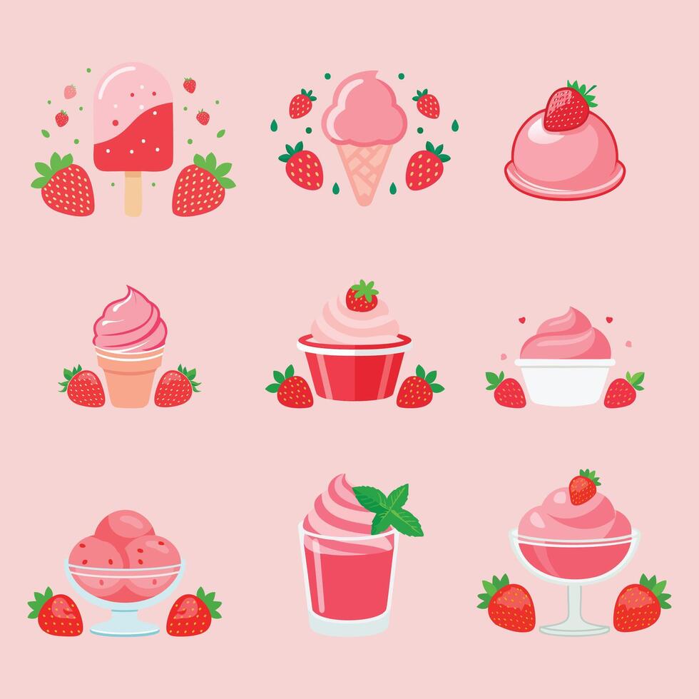 colorful strawberry ice cream illustration set vector