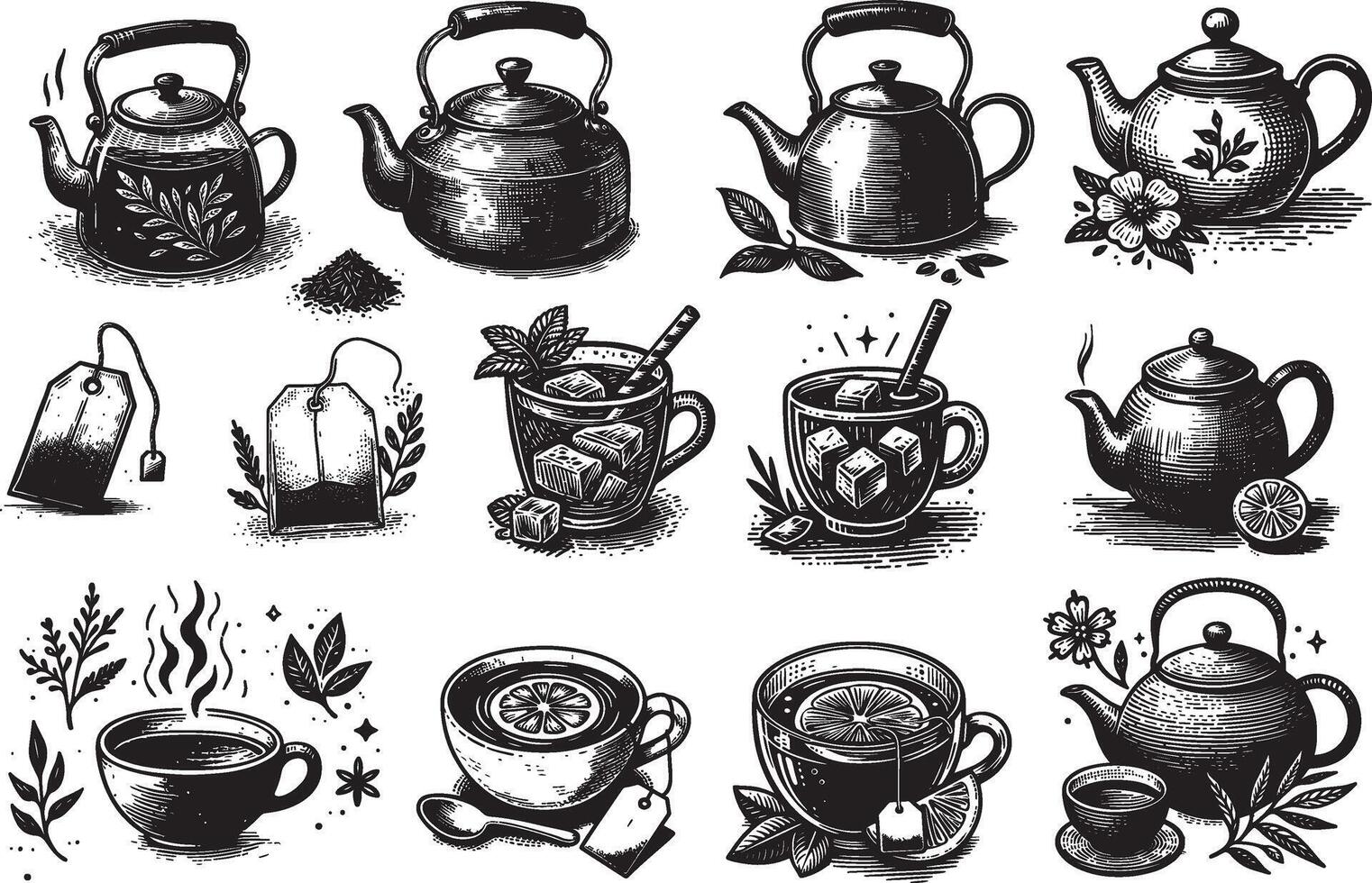 hand drawn black and white tea illustration set vector