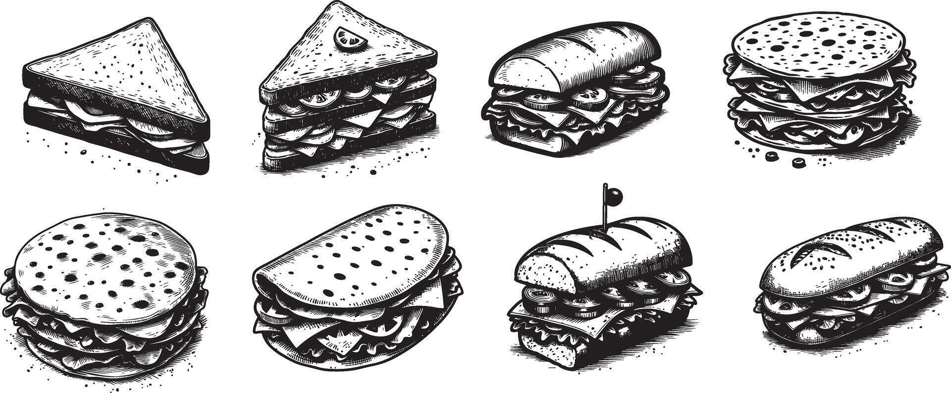 black and white hand drawn sketch of sandwich vector