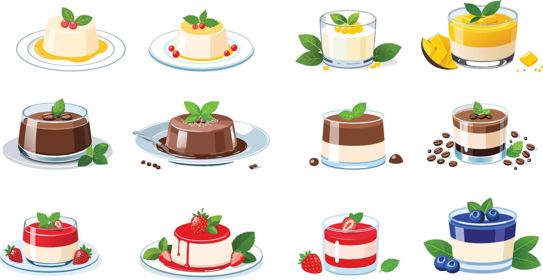 colorful various flavor panna cotta illustration set vector