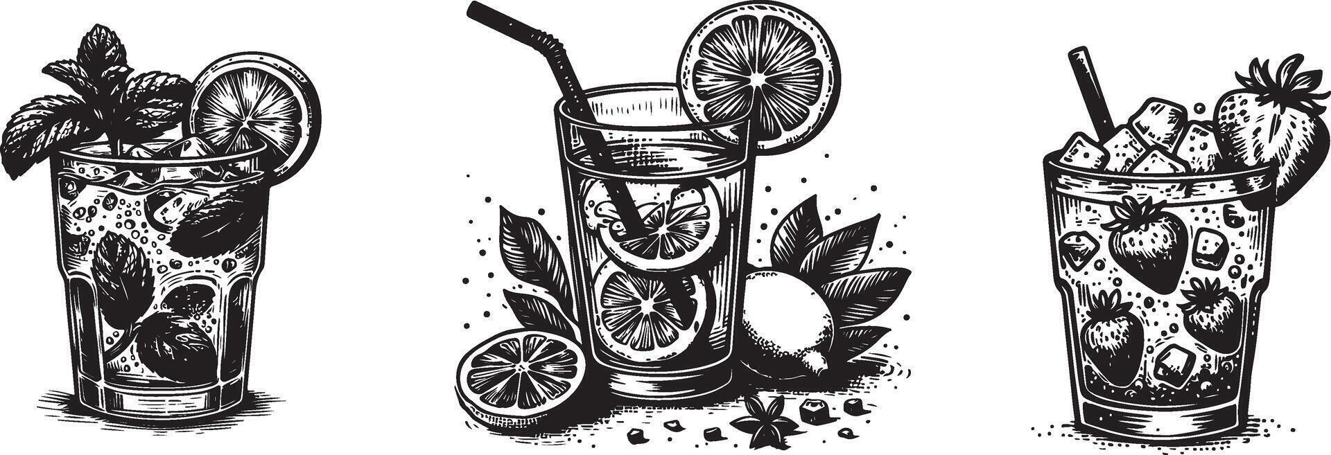hand drawn black and white mojito illustration sketch vector