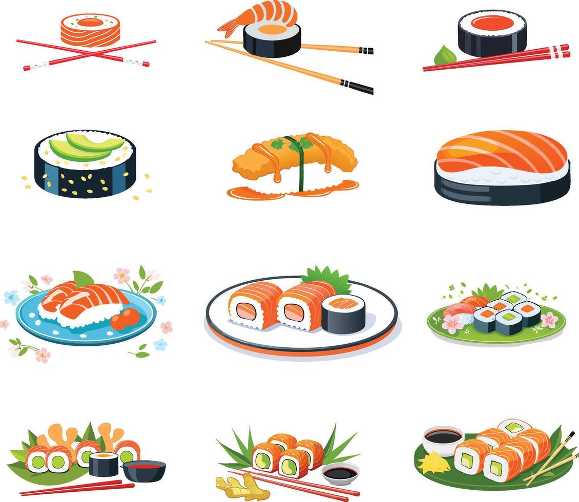 various colorful sushi illustration set vector