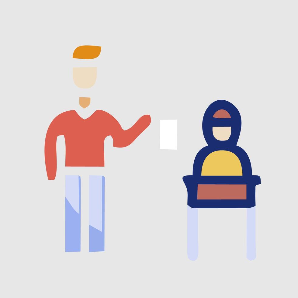 a man is standing next to a child in a chair vector